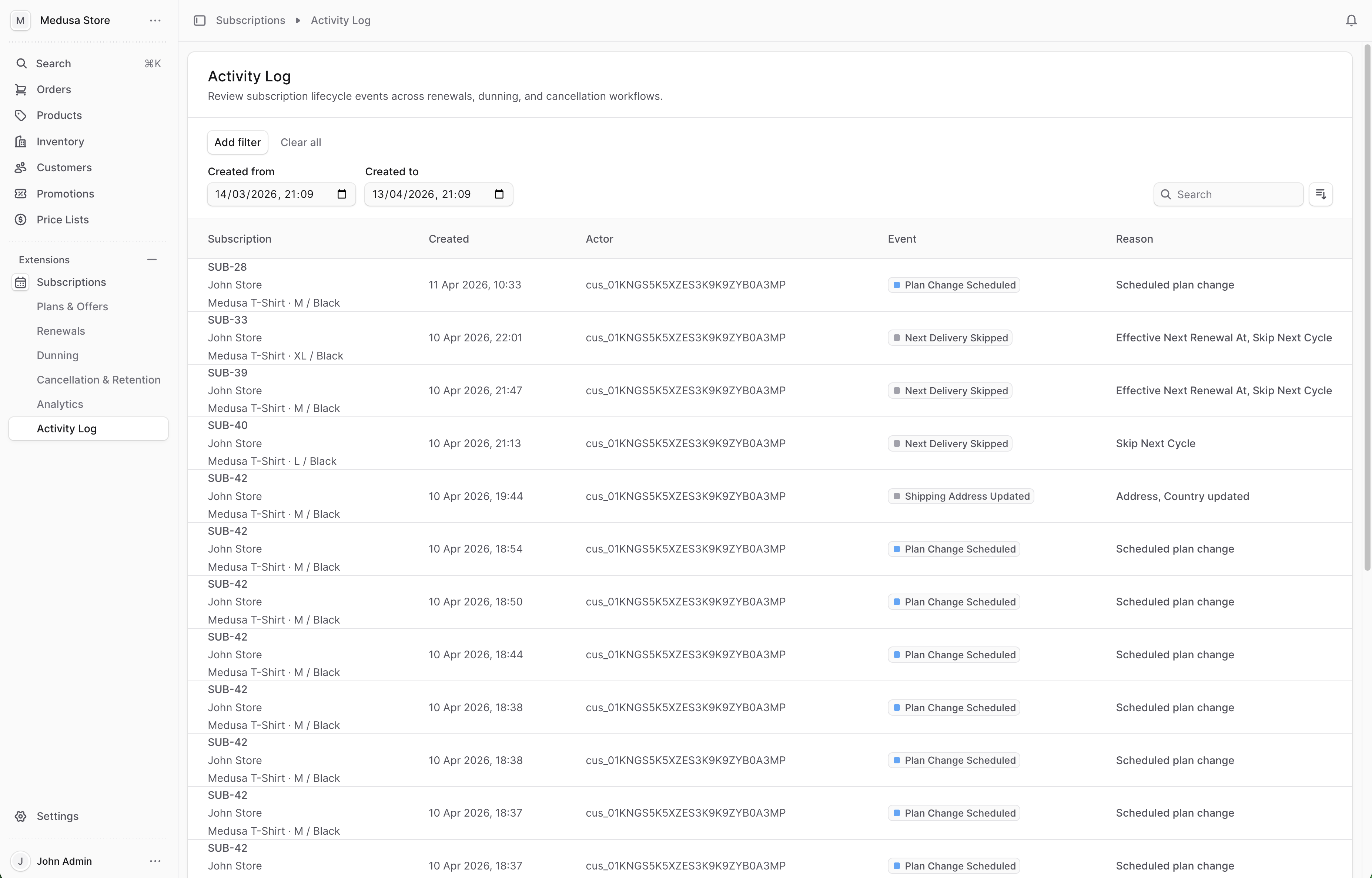 Activity log view inside Reorder for Medusa admin