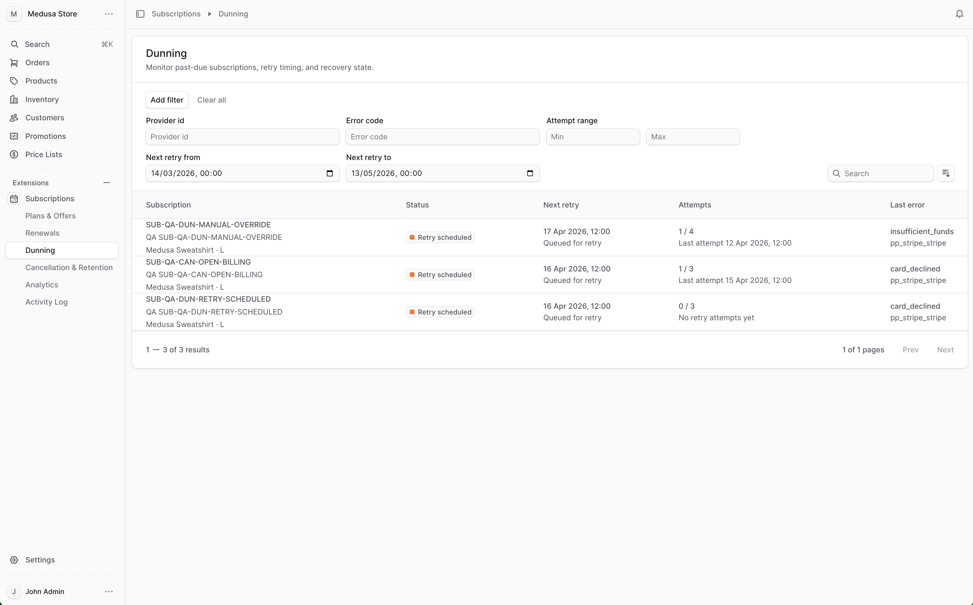 Reorder dunning workflow inside Medusa admin