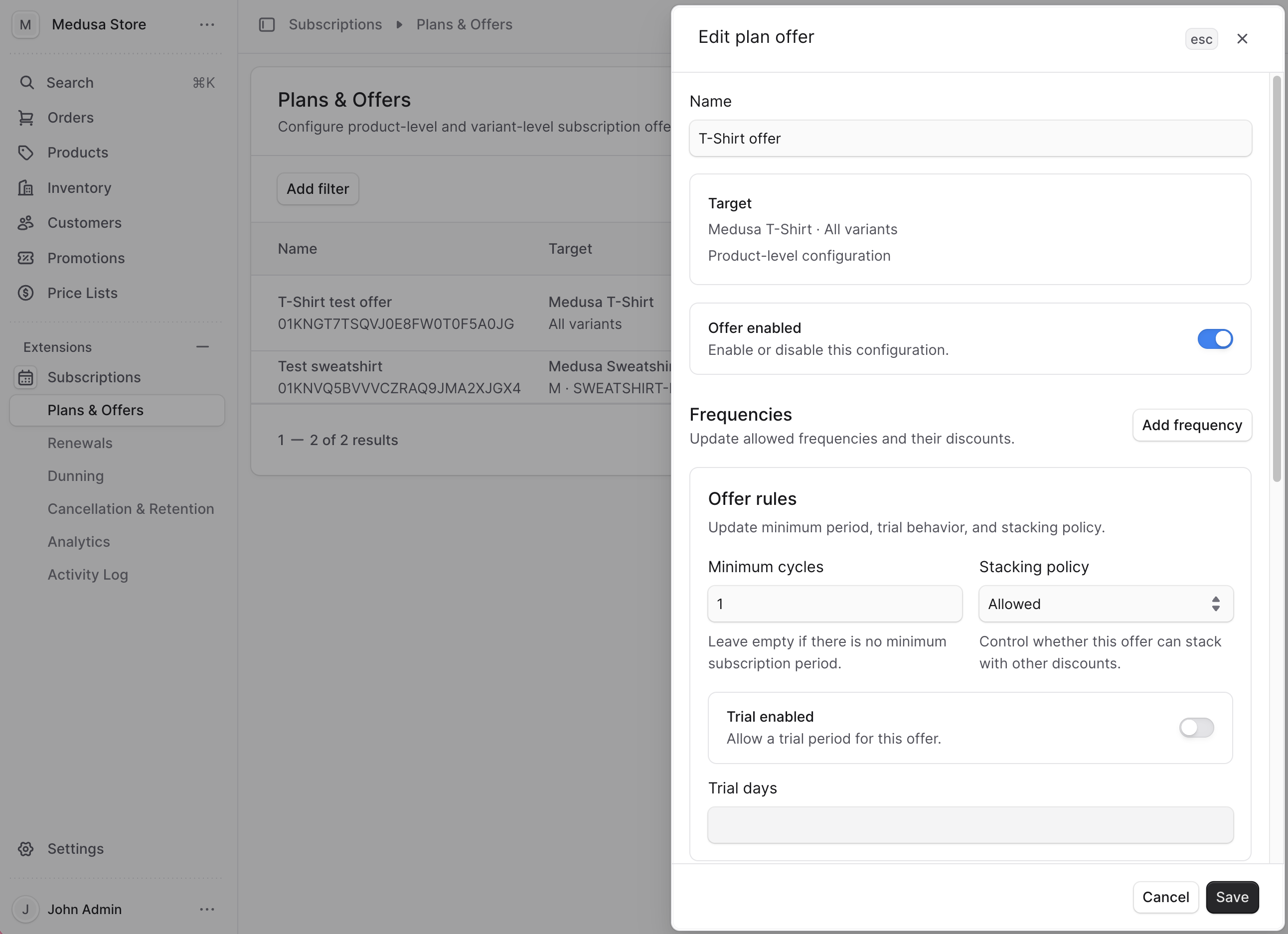 Plans and offers screen inside Reorder for Medusa admin
